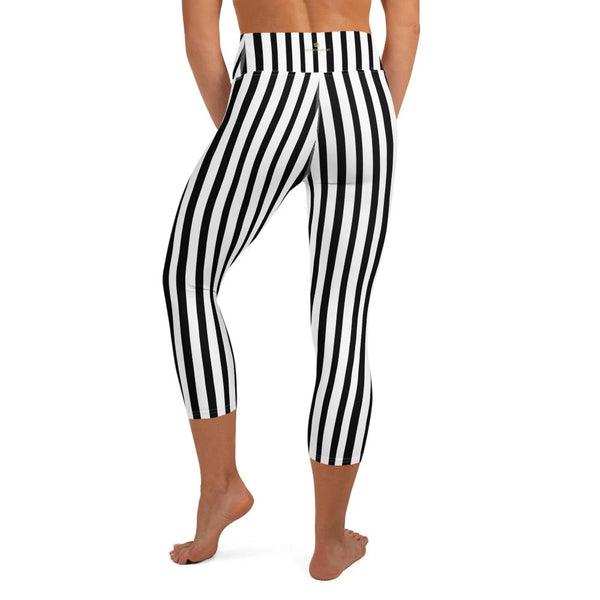 Black White Vertical Striped Print Women's Yoga Capri Pants Leggings- Made in USA/ EU-Capri Yoga Pants-Heidi Kimura Art LLC