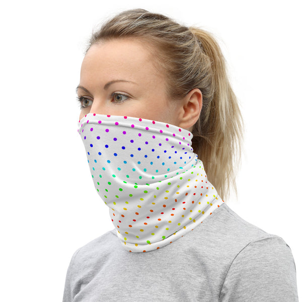 White Rainbow Dots Neck Gaiter, Washable Face Covering Mask-Made in USA/EU-Heidi Kimura Art LLC-Heidi Kimura Art LLCWhite Rainbow Dots Neck Gaiter, Polka Dots Washable Luxury Premium Quality Cool And Cute One-Size Reusable Washable Scarf Headband Bandana - Made in USA/EU, Face Neck Warmers, Non-Medical Breathable Face Covers, Neck Gaiters  
