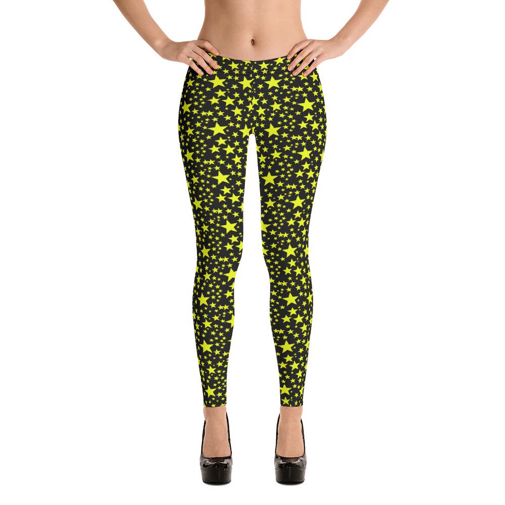 Yellow Rock Star Print Black Best Women's Premium Casual Leggings- Made in USA/EU-Casual Leggings-XS-Heidi Kimura Art LLC