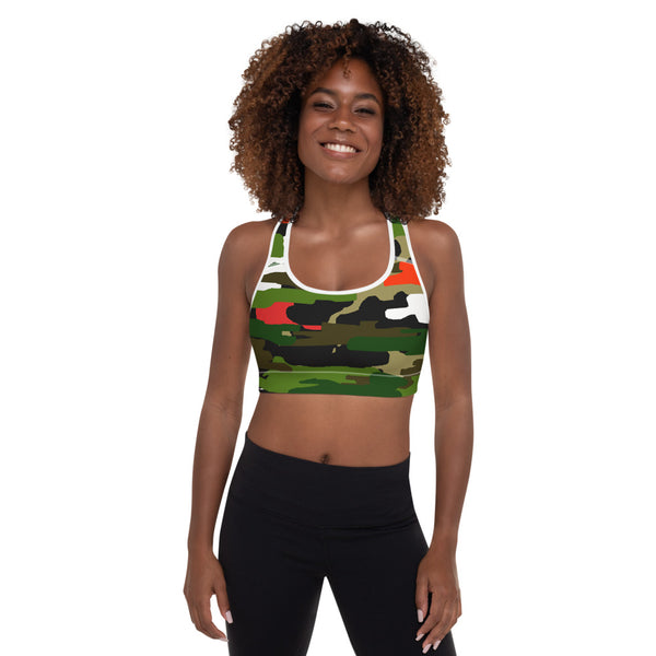 Green Orange Camo Army Military Print Women's Padded Sports Bra-Made in USA/EU-Sports Bras-White-XS-Heidi Kimura Art LLC