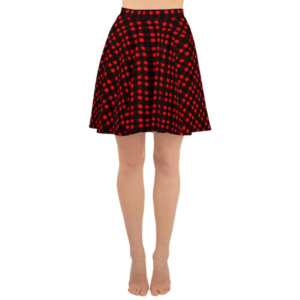 Buffalo Red Plaid Flannel Print Women's Skater Skirt- Made in USA/EU (US Size:XS-3XL)-Skater Skirt-XS-Heidi Kimura Art LLC