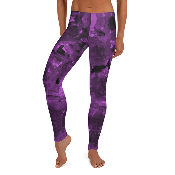 Purple Floral Causal Leggings, Women's Fashion Tights-Made in USA/EU-Heidi Kimura Art LLC-Heidi Kimura Art LLC Purple Rose Women's Casual Leggings, Purple Rose Floral Print Women's Long Casual Leggings/ Running Tights - Made in USA/EU/MX (US Size: XS-XL)