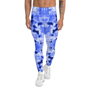 Blue Floral Men's Leggings, Abstract Print Sexy Premium Classic Elastic Comfy Men's Leggings Fitted Tights Pants - Made in USA/EU (US Size: XS-3XL) Spandex Meggings Men's Workout Gym Tights Leggings, Compression Tights, Kinky Fetish Men Pants