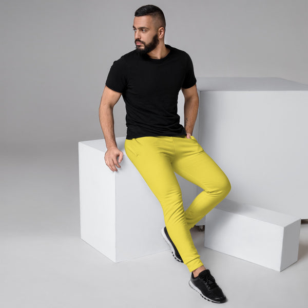 Lemon Yellow Designer Men's Joggers, Best Bright Yellow Solid Color Sweatpants For Men, Modern Slim-Fit Designer Ultra Soft & Comfortable Men's Joggers, Men's Jogger Pants-Made in EU/MX (US Size: XS-3XL)