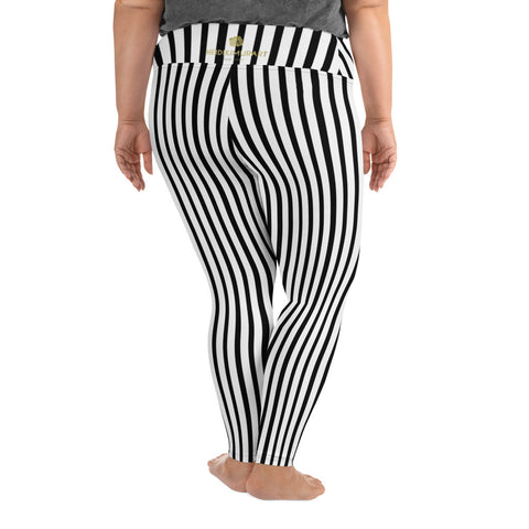 Vertical Black White Stripe Print Women's Plus Size Leggings Tights- Made in USA/ EU-Women's Plus Size Leggings-Heidi Kimura Art LLC