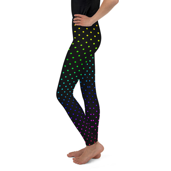 Black Rainbow Polka Dots Youth Leggings Cute Tights Workout Pants- Made in USA/EU-Youth's Leggings-Heidi Kimura Art LLC