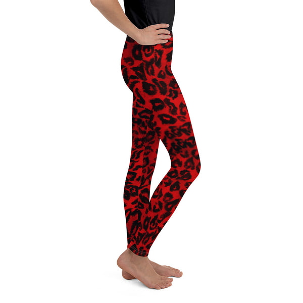 Red Leopard Animal Print Premium Youth Gym Cute Comfy Leggings - Made in USA/EU-Youth's Leggings-Heidi Kimura Art LLC