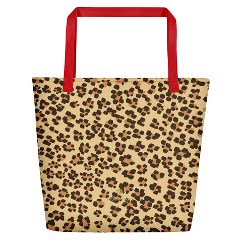 Brown Beige Chic Leopard Animal Print Designer Beach Market Tote Bag-Made in USA/EU-Beach Tote Bag-Red-Heidi Kimura Art LLC