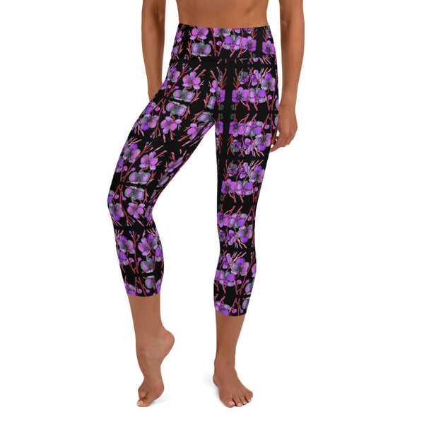 Purple Orchids Yoga Capri Leggings, Floral Print Women's Capris Tights- Made in USA/EU-Heidi Kimura Art LLC-Heidi Kimura Art LLC