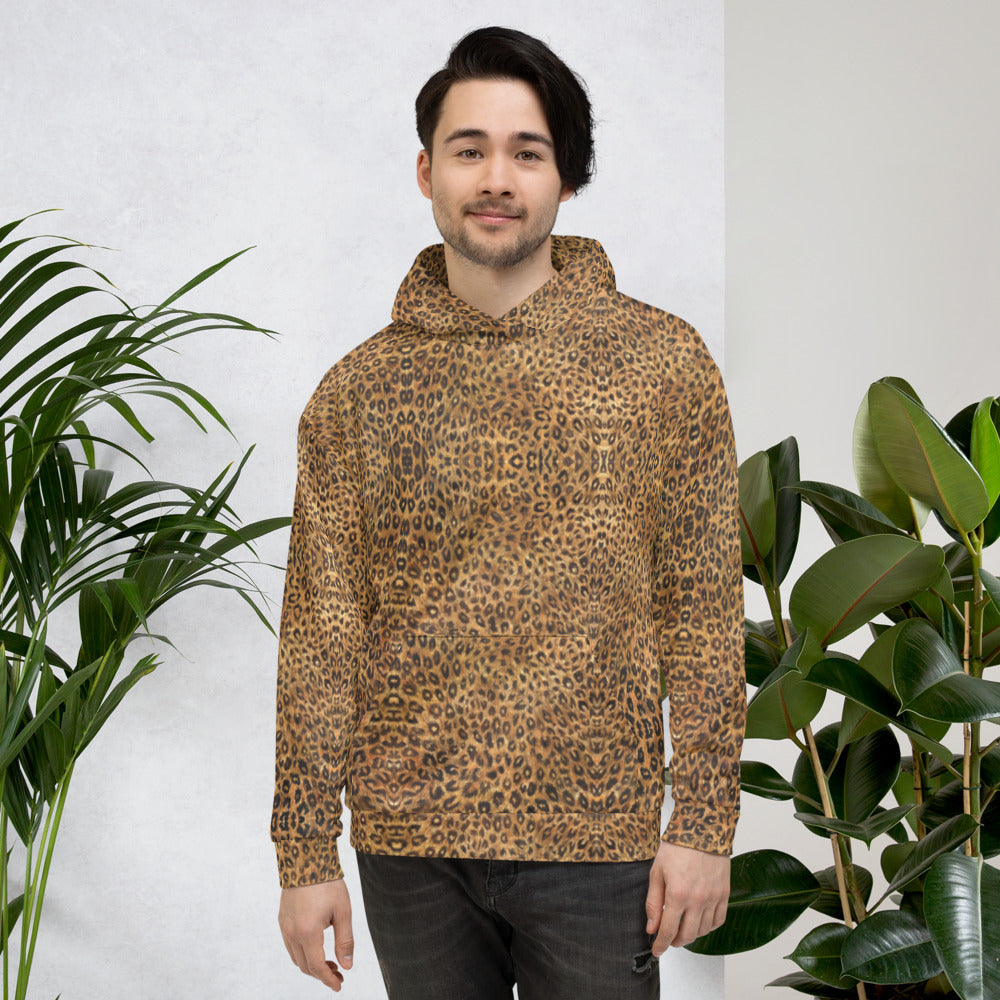  Brown Leopard Men's Hoodies, Brown Leopard Animal Print Men's or Women's Unisex Hoodie- Made in Europe (US Size: XS-3XL), Women's or Men's Cute Leopard Print Long Sleeve Hoodie Pullover Sweatshirt, Plus Size Available