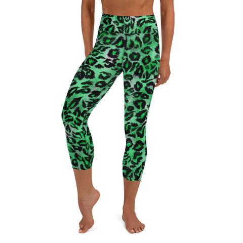 Green Leopard Animal Print Women's Yoga Capri Leggings Tights - Made in USA/ EU-Capri Yoga Pants-XS-Heidi Kimura Art LLC