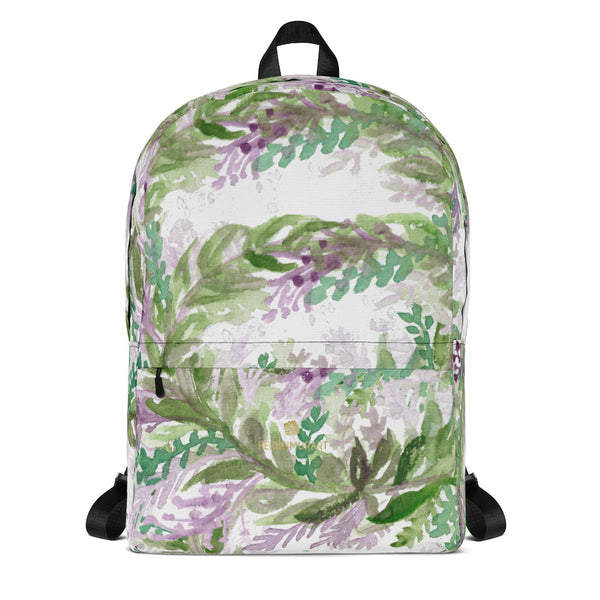White French Lavender Floral Print Women's Premium Backpack-Made in USA/EU--Heidi Kimura Art LLCWhite French Lavender Backpack, Best Floral Print Designer Medium Size (Fits 15" Laptop) Water Resistant College Unisex Backpack for Travel/ School/ Work - Made in USA/ Europe  