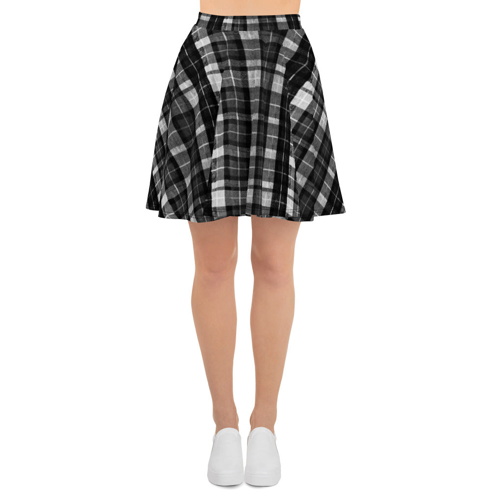 Black Plaid Print Women's Skater Skirt, Plaid Print Elastic Skirt For Women-Made in USA/EU-Skater Skirt-XS-Heidi Kimura Art LLC