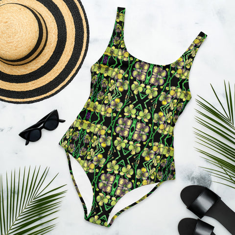 Black Yellow Orchids Swimwear, Designer Floral Print One-Piece Swimsuit-Heidi Kimura Art LLC-XS-Heidi Kimura Art LLC