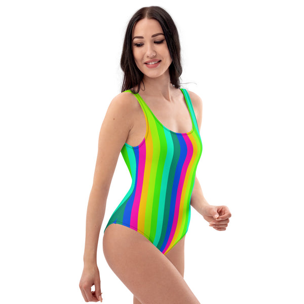 Rainbow Striped Women's Swimwear, Modern One-Piece Swimsuit-Heidi Kimura Art LLC-Heidi Kimura Art LLC Rainbow Striped Women's Swimwear, Gay Pride Modern Vertical Stripe Print Designer Luxury 1-Piece Swimwear Bathing Suits, Beach Wear - Made in USA/EU (US Size: XS-3XL) Plus Size Available