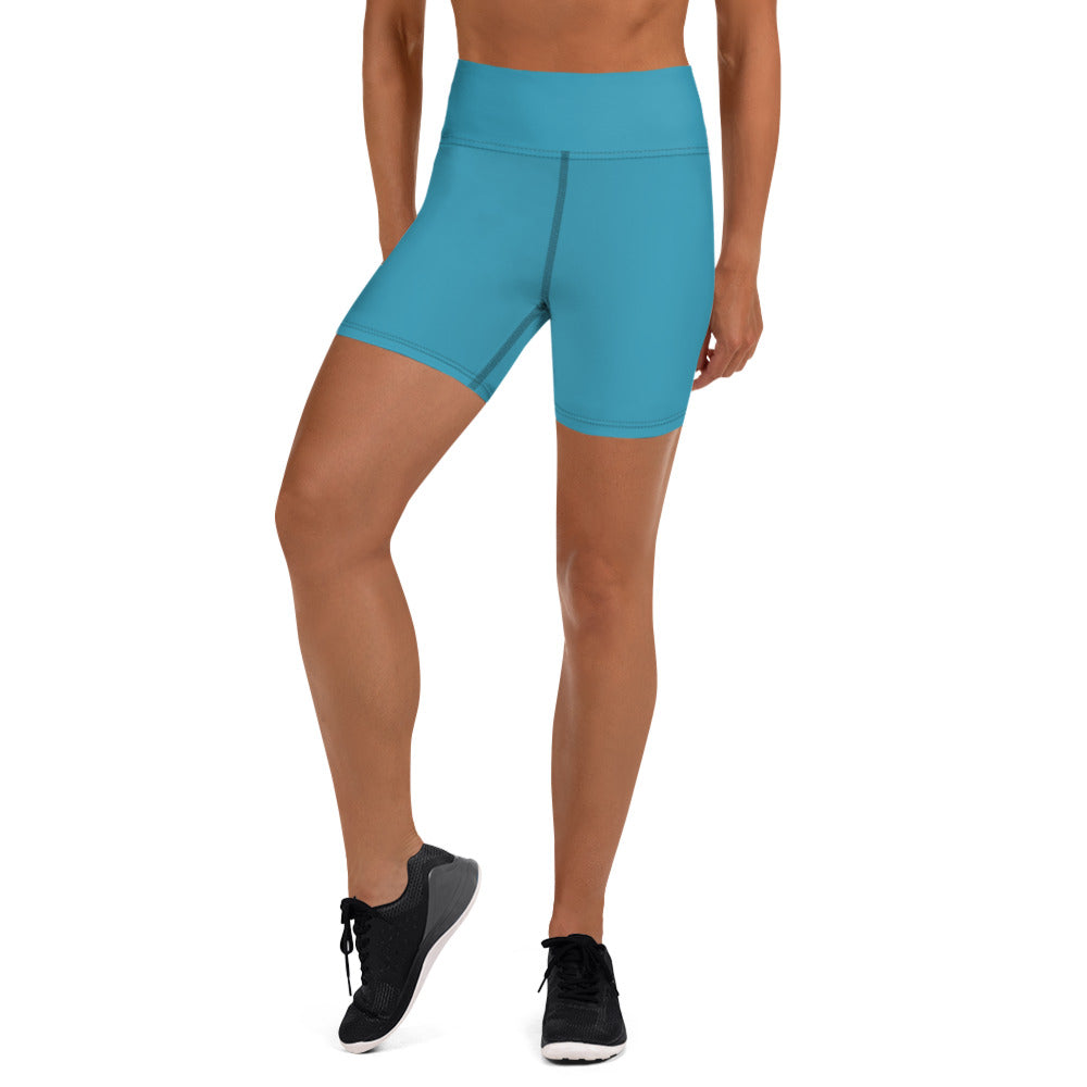 Blue Green Women's Yoga Shorts, Solid Color Elastic Tights-Made in USA/EU-Heidi Kimura Art LLC-XS-Heidi Kimura Art LLC Peach Pink Women's Yoga Shorts, Pink Solid Color Premium Quality Women's High Waist Spandex Fitness Workout Yoga Shorts, Yoga Tights, Fashion Gym Quick Drying Short Pants With Pockets - Made in USA/EU (US Size: XS-XL)