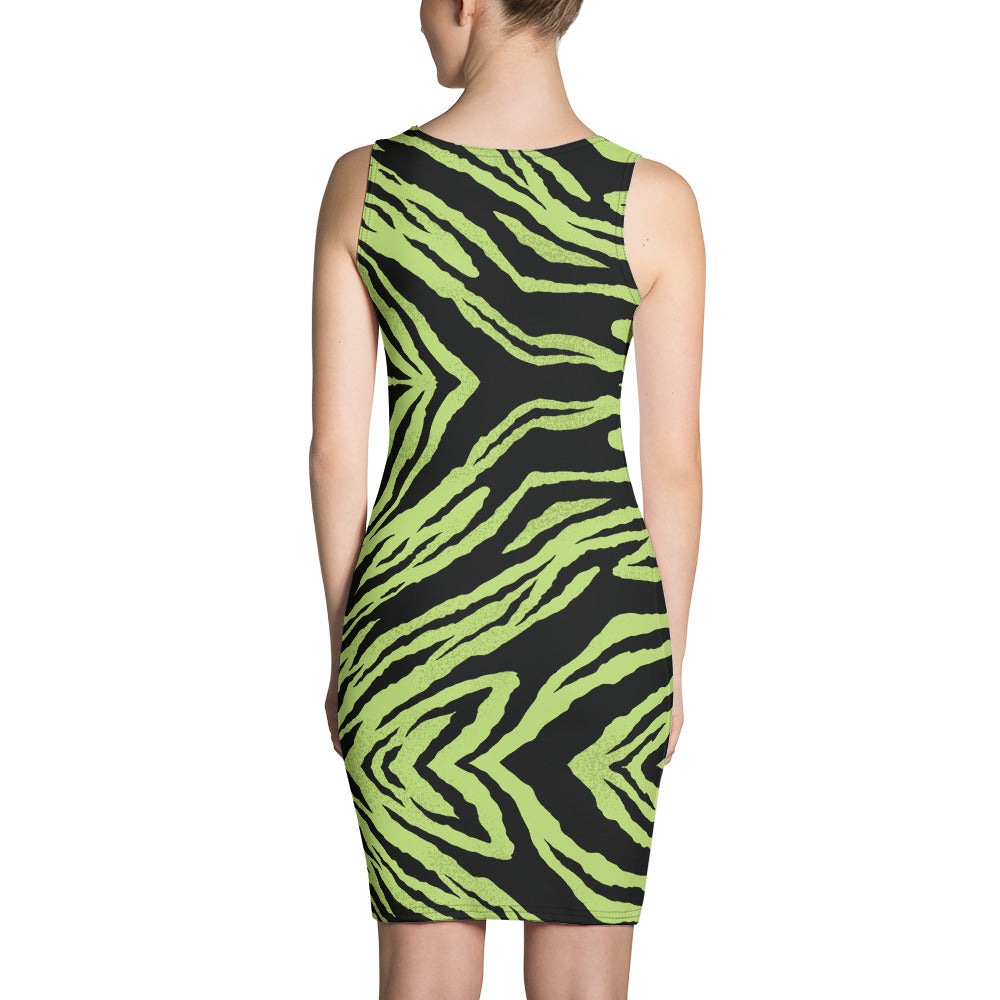 Green Tiger Stripe Women's Dress, Sexy 1-piece Sleeveless Best Party Dress-Made in USA/EU | Heidikimurart Limited Green Tiger Stripe Women's Dress, Sexy 1-piece Sleeveless Best Party Dress-Made in USA/EU | Heidikimurart Limited