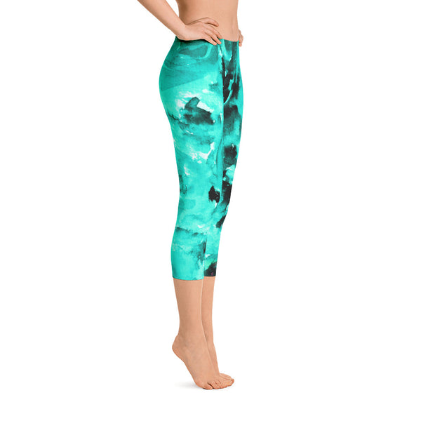Ocean Blue Rose Floral Designer Capri Leggings Bright Colors - Made in USA-capri leggings-Heidi Kimura Art LLC