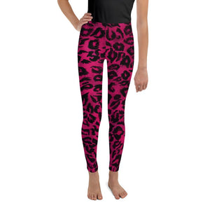 Hot Pink Leopard Animal Print Youth Leggings Tights Compression Pants- Made in USA/EU-Youth's Leggings-8-Heidi Kimura Art LLC