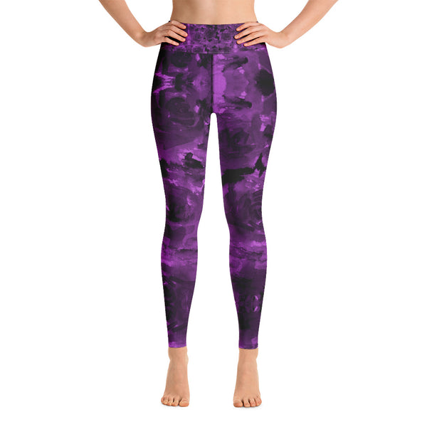 Purple Abstract Yoga Leggings, Floral Long Tights-Made in USA/EU-Heidi Kimura Art LLC-Heidi Kimura Art LLC