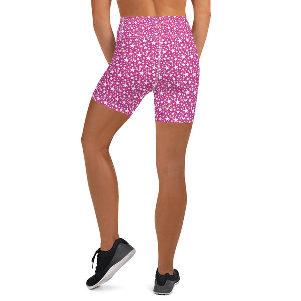 Pink White Star Print Pattern Women's Workout Fitness Yoga Shorts- Made in USA/EU-Yoga Shorts-Heidi Kimura Art LLC