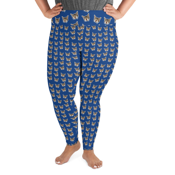 Dark Blue Cat Print Plus Size Leggings, Women's Plus Size Yoga Pants-Made in USA/EU-Women's Plus Size Leggings-Heidi Kimura Art LLC
