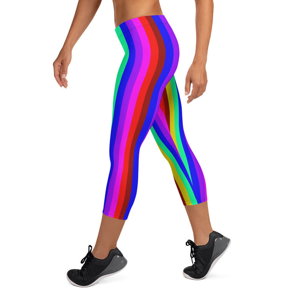 Gay Pride Capri Leggings, Rainbow Stripe Colorful Women's Tights-Made in USA/EU-Heidi Kimura Art LLC-Heidi Kimura Art LLC