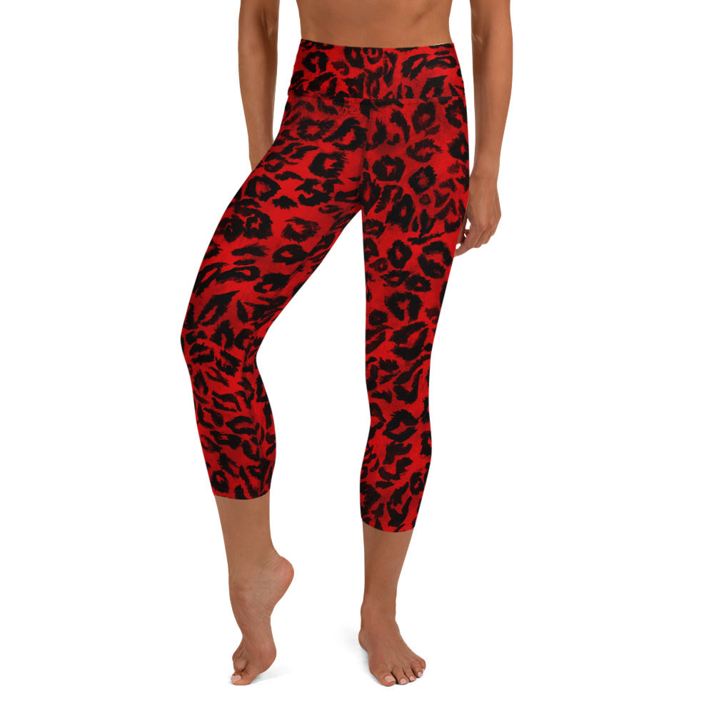 Red Leopard Animal Print Women's Premium Yoga Capri Leggings - Made in USA/ EU-Capri Yoga Pants-XS-Heidi Kimura Art LLC