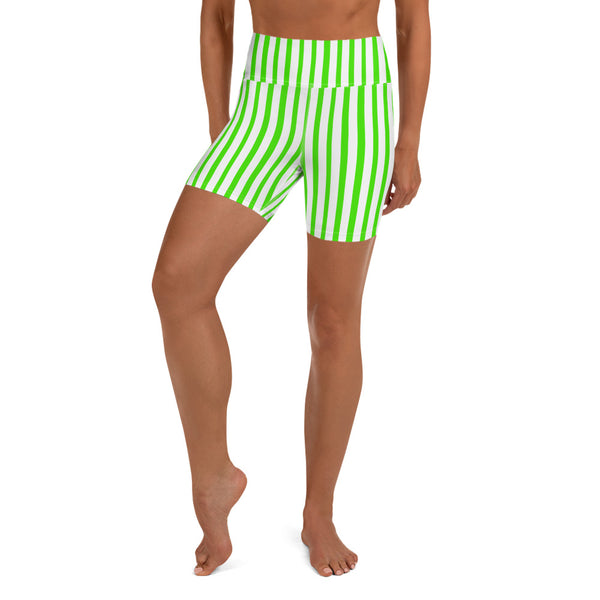 Green White Striped Vertical Print Women's Yoga Workout Shorts- Made in USA/ EU-Yoga Shorts-XS-Heidi Kimura Art LLC