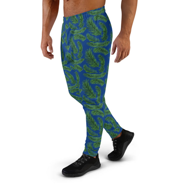 Navy Blue Green Tropical Palm Leaf Print Designer Men's Joggers - Made in EU-Men's Joggers-Heidi Kimura Art LLC
