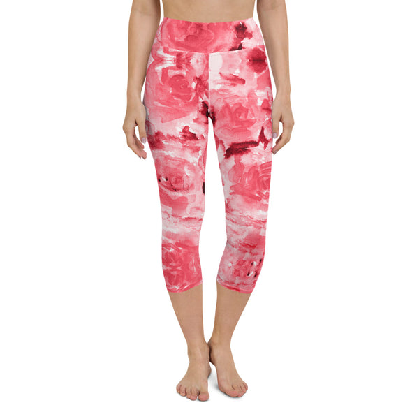 Red Rose Yoga Capri Leggings, Abstract Floral Print Women's Capris Tights-Made in USA/EU-Heidi Kimura Art LLC-XS-Heidi Kimura Art LLC Red Rose Yoga Capri Leggings, Abstract Floral Print Capri Yoga Pants Capri Leggings Yoga Pants - Made in USA/EU (US Size: XS-XL)