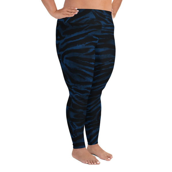 Royal Blue Tiger Stripe Animal Print Women's Long Yoga Pants Plus Size Leggings-Women's Plus Size Leggings-Heidi Kimura Art LLC