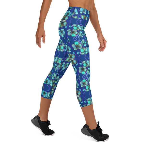 Blue Orchids Yoga Capri Leggings, Floral Print Women's Capris Tights-Made in USA/EU-Heidi Kimura Art LLC-Heidi Kimura Art LLC