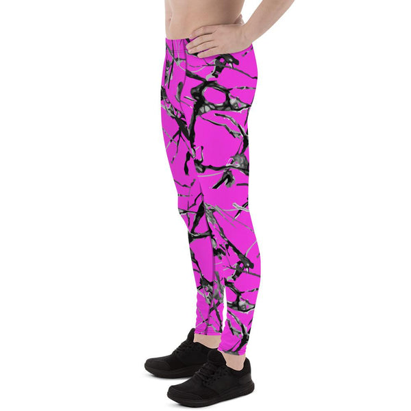 Hot Pink Marble Print Meggings, Premium Men's Leggings Gym Tights - Made in USA/EU-Men's Leggings-Heidi Kimura Art LLC