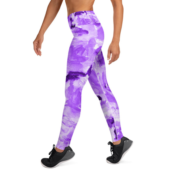 Purple Floral Yoga Leggings, Abstract Flower Print Long Tights-Made in USA/EU-Heidi Kimura Art LLC-Heidi Kimura Art LLC