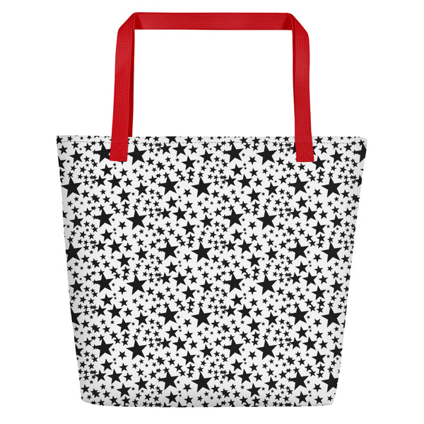Black Star Pattern Print White Unisex 16"x20" Large Beach Bag With Large Inside Pocket - Made in USA/EU-Beach Tote Bag-Red-Heidi Kimura Art LLC