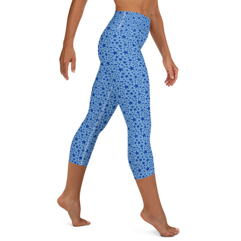 Light Blue Star Print Pattern Women's Yoga Mid-Calf Capri Pants Leggings- Made in USA/EU-Capri Yoga Pants-Heidi Kimura Art LLC