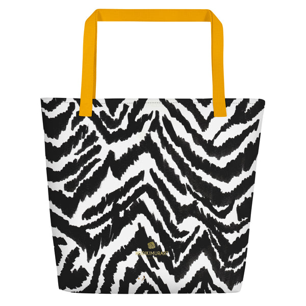 Modern Black White Zebra Animal Pattern Print Large Tote 16"x20" Beach Bag- Made in USA/EU-Beach Tote Bag-Heidi Kimura Art LLC