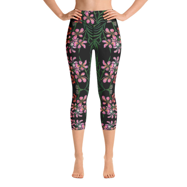 Pink Floral Yoga Capri Leggings, Orchids Flower Print Best Floral Print Women's Yoga Capri Leggings Pants High Performance Tights- Made in USA/EU (US Size: XS-XL)