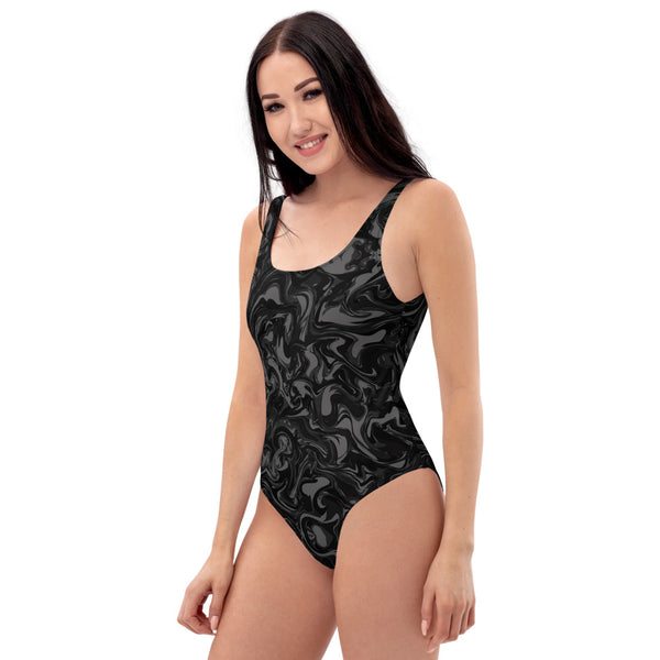 Black Marble Print Women's Swimwear, Best One-Piece Swimsuit-Made in USA/EU-Heidi Kimura Art LLC-Heidi Kimura Art LLC Black Marble Print Swimwear, Luxury 1-Piece Women's Swimwear Bathing Suits, Beach Wear For Ladies - Made in USA/EU (US Size: XS-3XL) Plus Size Available