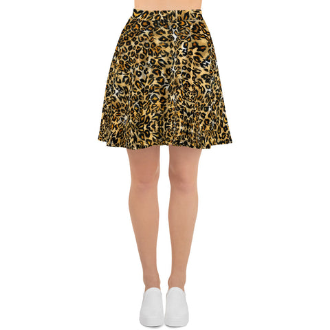Brown Leopard Print Women's Skater Skirt, Best Brown Leopard Animal Print Sexy Print High-Waisted Mid-Thigh Women's Skater Skirt, Plus Size Available - Made in USA/EU (US Size: XS-3XL) Animal Print skirt, Leopard Print Skater Skirt, Leopard Skater Skirt