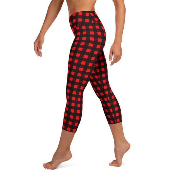 Buffalo Red Plaid Print Women's Designer Yoga Capri Leggings Pants- Made in USA/ EU-Capri Yoga Pants-Heidi Kimura Art LLC