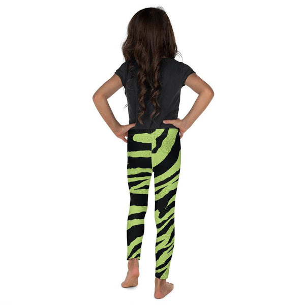 Green Tiger Stripe Print Kid's Workout Running Leggings Comfy Pants- Made in USA/EU-Kid's Leggings-Heidi Kimura Art LLC