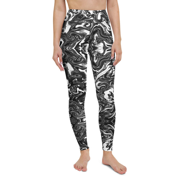 Black Marble Yoga Leggings, Marble Print Long Tights-Made in USA/EU-Heidi Kimura Art LLC-Heidi Kimura Art LLC