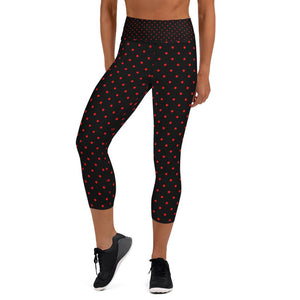 Red Polka Dots Women's Capri Leggings, Black Dots Print Capris Pants- Made in USA/EU-Capri Yoga Pants-XS-Heidi Kimura Art LLC