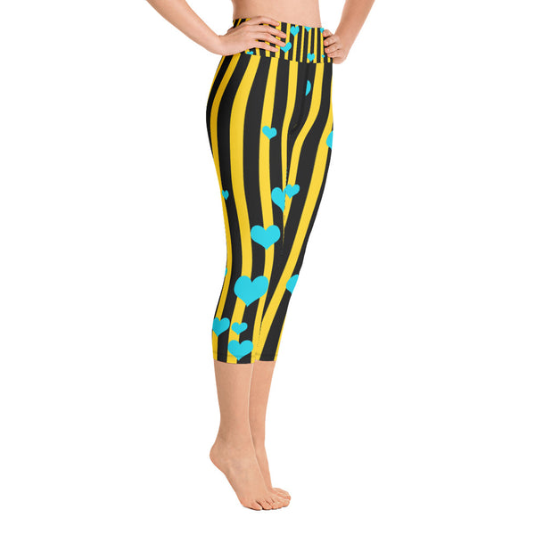 Black Yellow Striped Yoga Capri Pants, Women's Capris Leggings w/ Pockets -Made In USA-Capri Yoga Pants-Heidi Kimura Art LLC