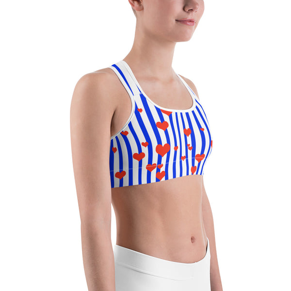 Patriotic Blue Striped With Red Hearts Women's Unpadded Sports Bra - Made in USA-Sports Bras-Heidi Kimura Art LLC
