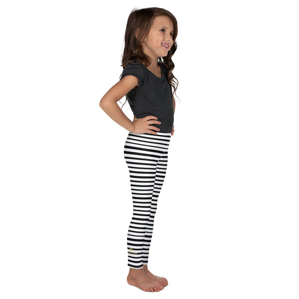 Cute Black & White Horizontal Stripe Print Kid's Leggings Fitness Pants - Made in USA/EU-Kid's Leggings-Heidi Kimura Art LLC