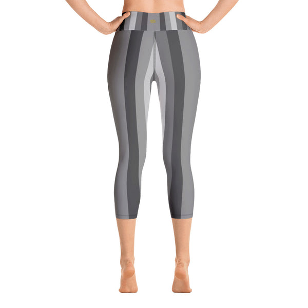Gray Striped Women's Yoga Capri Pants Leggings With Pockets- Made in USA-Capri Yoga Pants-Heidi Kimura Art LLC