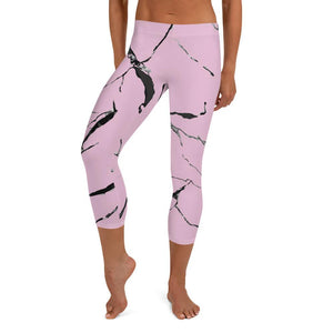 Light Pink Marble Print Women's Dressy Capri Leggings Pants Tights- Made in USA/ EU-Casual Leggings-XS-Heidi Kimura Art LLC